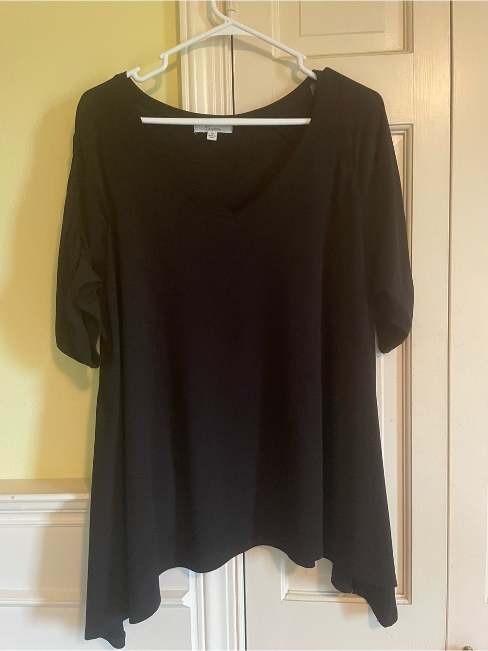 Madison Black V-Neck Flowy Tunic with Ruched Sleeves